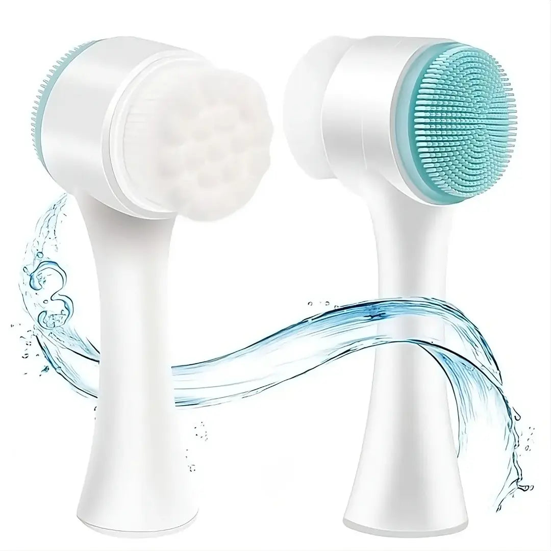 New Magna SilkCleanse Pro 2-in-1 Double-Sided Silicone Face Brush - Dual-sided design showing soft bristle cleansing head and silicone exfoliating side with water splash effect