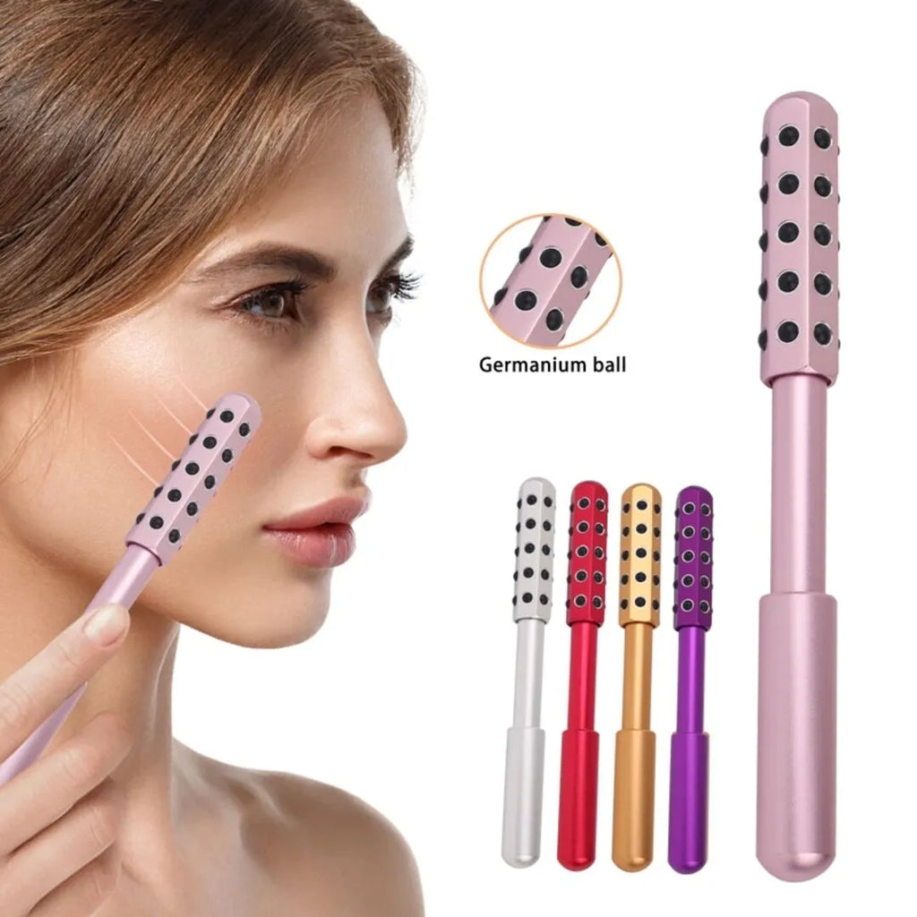 New Magna GermaBelle Roller Pro - Germanium Beauty Face Roller - Woman rolling germanium ball roller along cheekbone with all 4 color variants shown: silver, red, gold, and purple