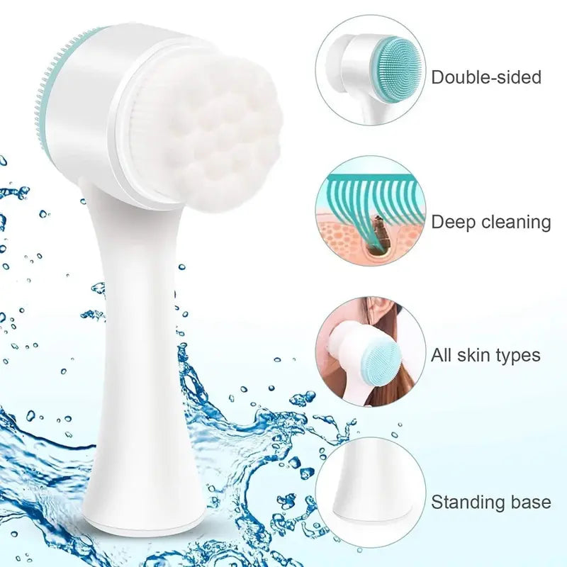 New Magna SilkCleanse Pro 2-in-1 Silicone Face Brush - Double-sided dual brush diagram showing silicone exfoliating side and soft fiber bristle side with feature callouts