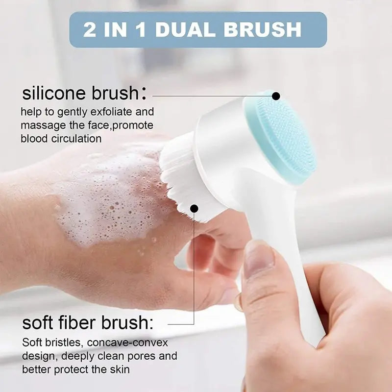 New Magna SilkCleanse Pro 2-in-1 Silicone Face Brush - 2-in-1 dual brush diagram showing silicone exfoliating side for gentle massage and blood circulation, and soft fiber bristle side for deep pore cleansing
