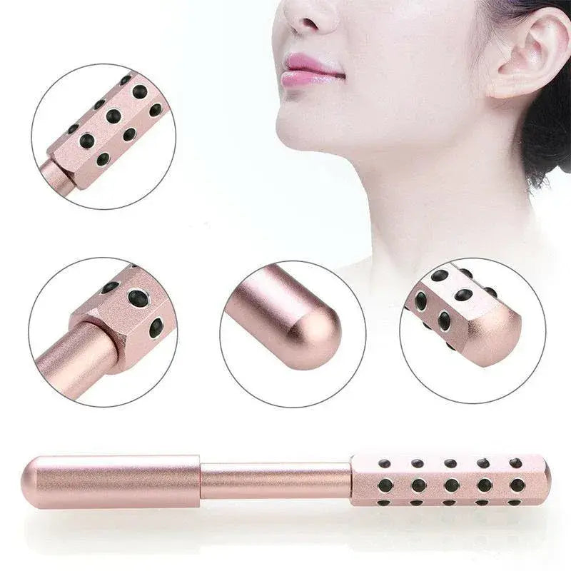New Magna GermaBelle Roller Pro - Germanium Beauty Face Roller - Rose gold roller close-up detail shots showing germanium ball inlays, rounded tip, and ergonomic handle design with jawline lifestyle shot
