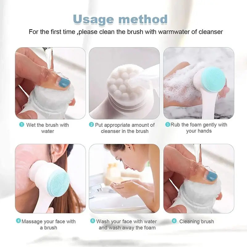 New Magna SilkCleanse Pro 2-in-1 Silicone Face Brush - Step-by-step usage guide showing 6 steps from wetting brush to deep pore cleansing and rinsing