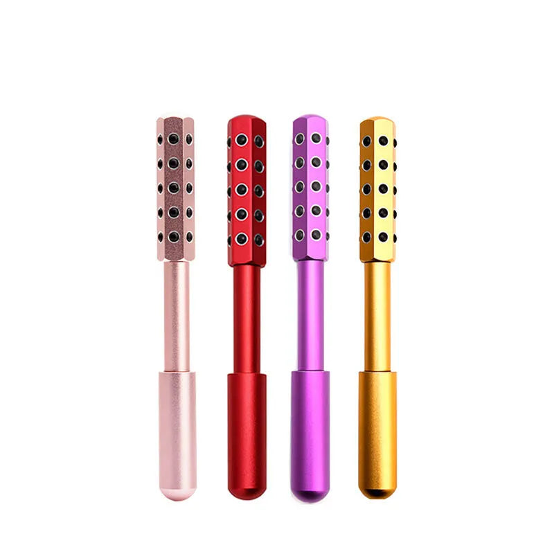New Magna GermaBelle Roller Pro - Germanium Beauty Face Roller - All 4 color variants side by side: pink, red, purple, and gold germanium ball rollers on white background