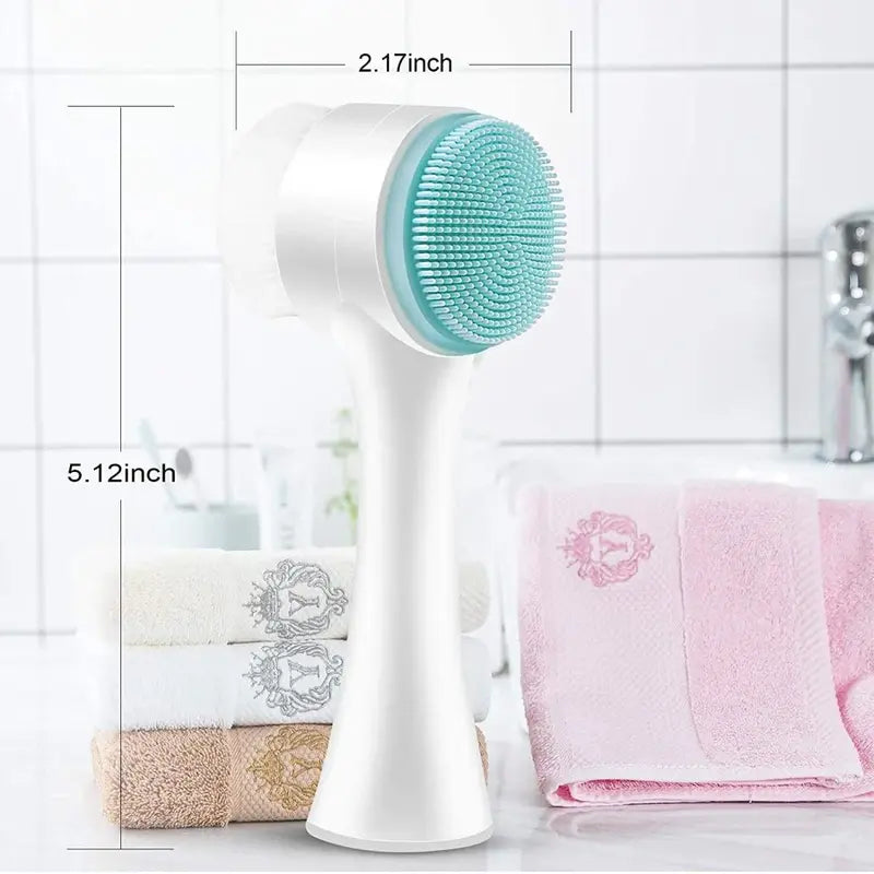 New Magna SilkCleanse Pro 2-in-1 Silicone Face Brush - Product dimensions showing 2.17 inch width and 5.12 inch height displayed in bathroom setting with towels