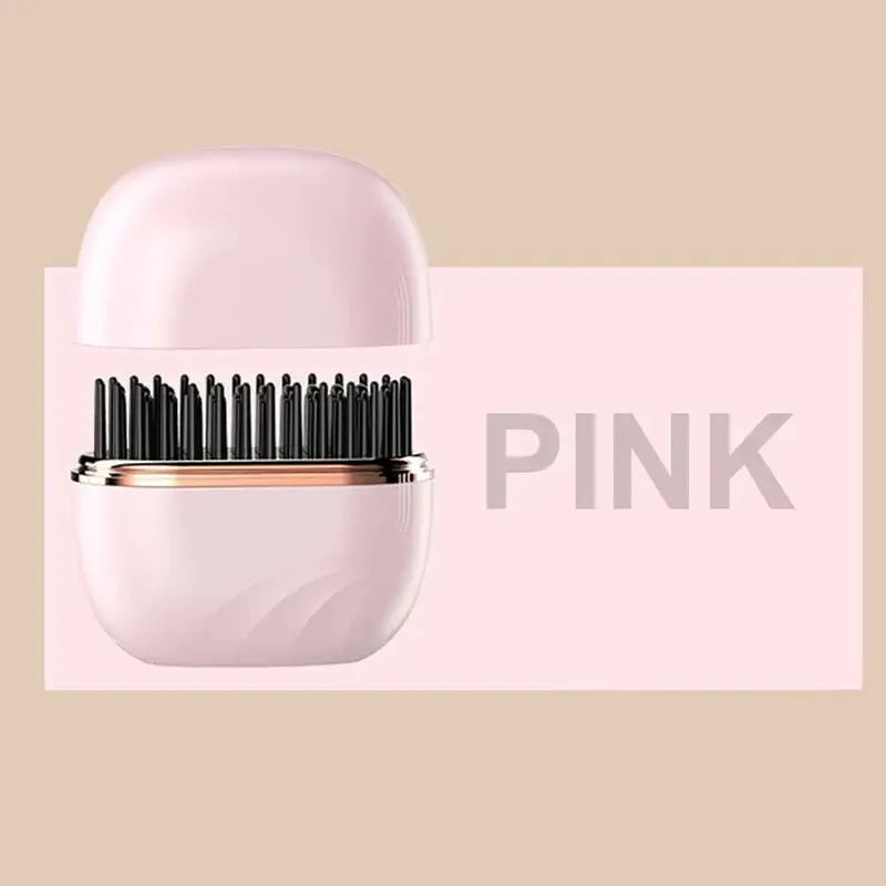 Pink hairbrush with black bristles on a beige background