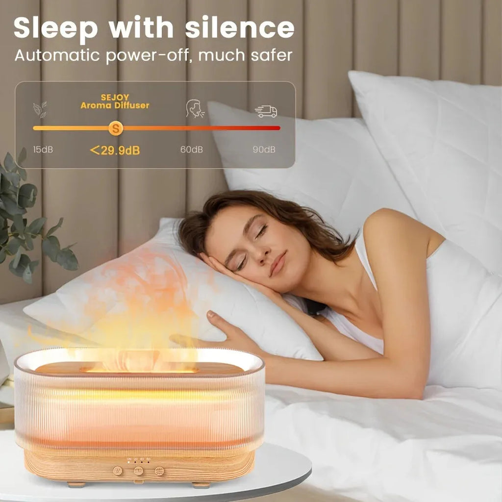 Woman sleeping peacefully with New Magna Flame Aroma Humidifier Pro on nightstand