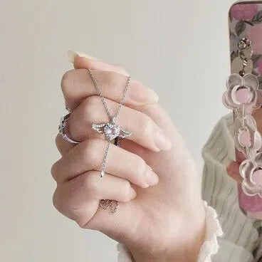 New Magna AngelHeart Pro - Sterling Silver Heart Wings Necklace with Pink Rhinestones