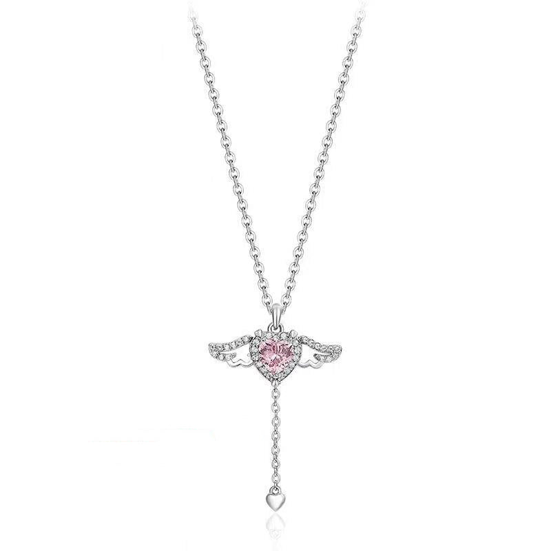 New Magna AngelHeart Pro - Sterling Silver Heart Wings Necklace with Pink Rhinestones
