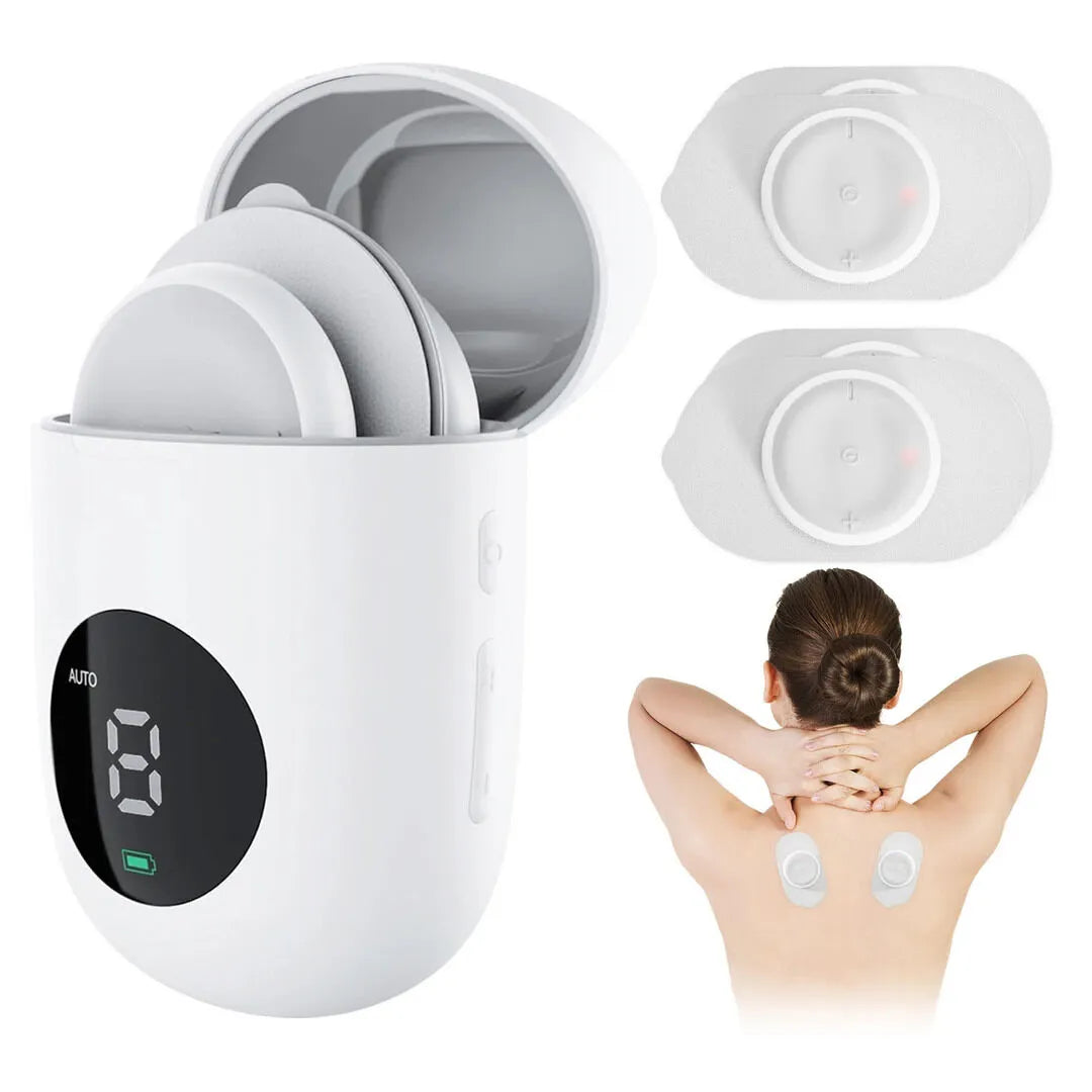 New Magna Portable Pulse EMS Massager Pro - Wireless EMS muscle stimulator charging case with 2 detachable electrode pads and lifestyle shot of woman applying pads to upper back for pain relief