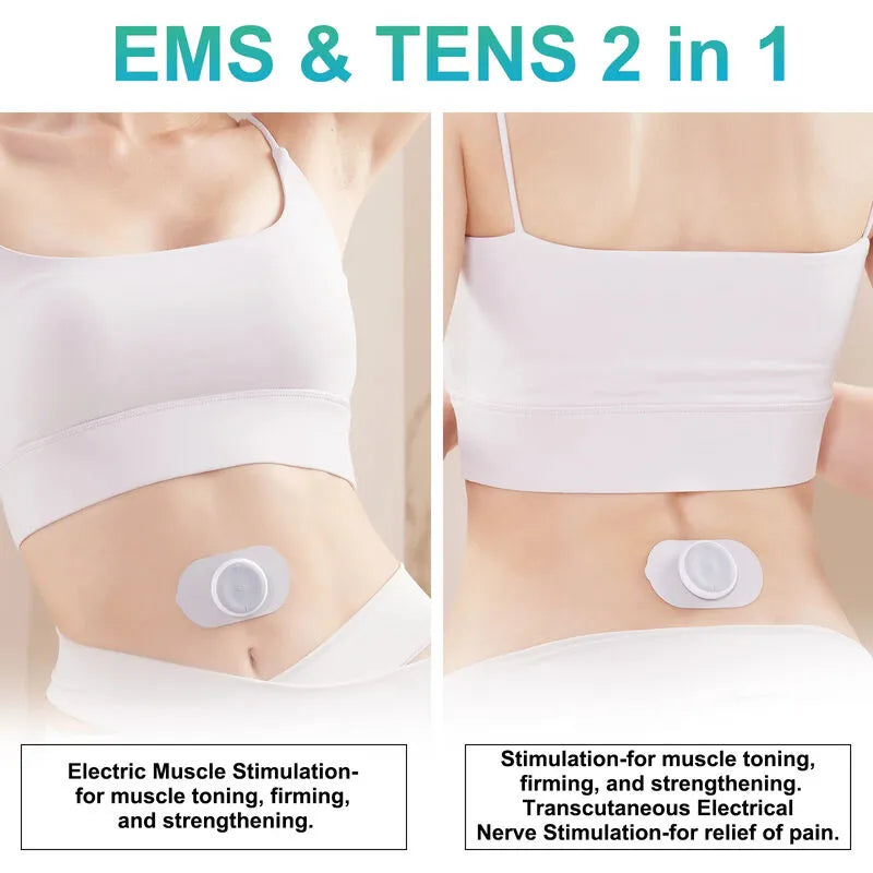 New Magna Portable Pulse EMS Massager Pro - EMS and TENS 2-in-1 comparison showing electrode pad applied to abdomen for electric muscle stimulation toning and TENS nerve stimulation pain relief