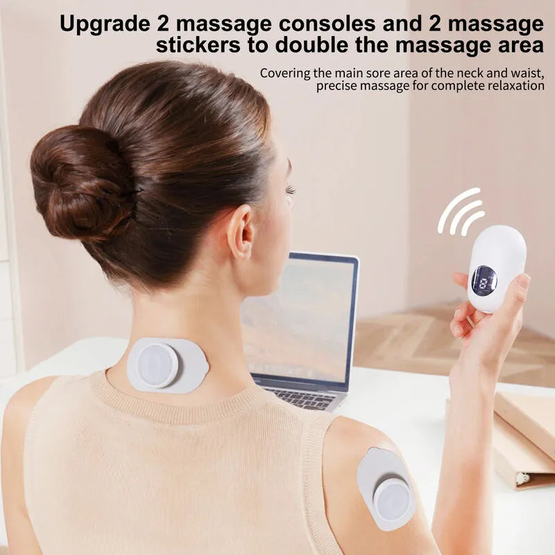 New Magna Portable Pulse EMS Massager Pro - Woman working at laptop with 2 wireless EMS electrode pads on neck and shoulder, holding remote controller showing dual console double coverage massage area
