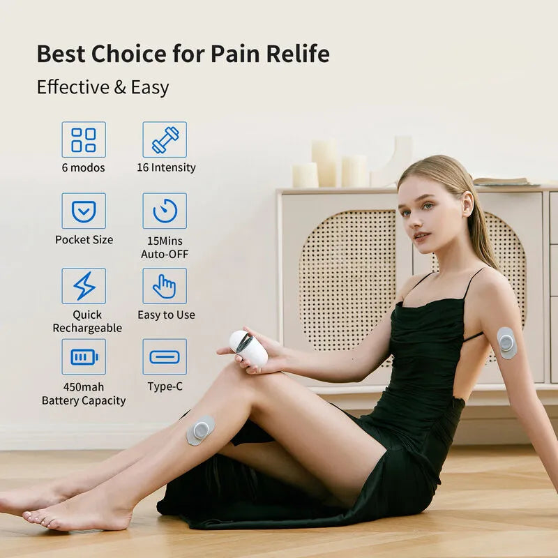 New Magna Portable Pulse EMS Massager Pro - Woman seated with EMS pads on arm and knee holding controller, with feature icons showing 6 modes, 16 intensity levels, pocket size, 15-minute auto-off, quick charge, Type-C, and 450mAh battery