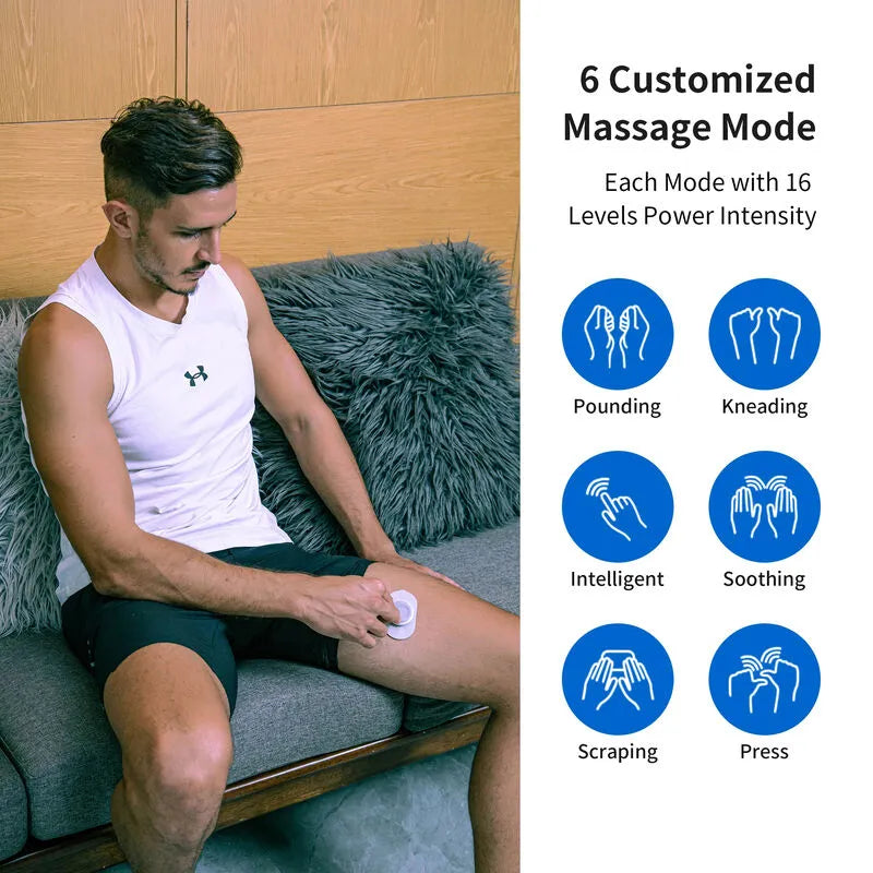 New Magna Portable Pulse EMS Massager Pro - Man applying EMS pad to knee on couch with 6 customized massage mode icons: pounding, kneading, intelligent, soothing, scraping, and press, each with 16 intensity levels