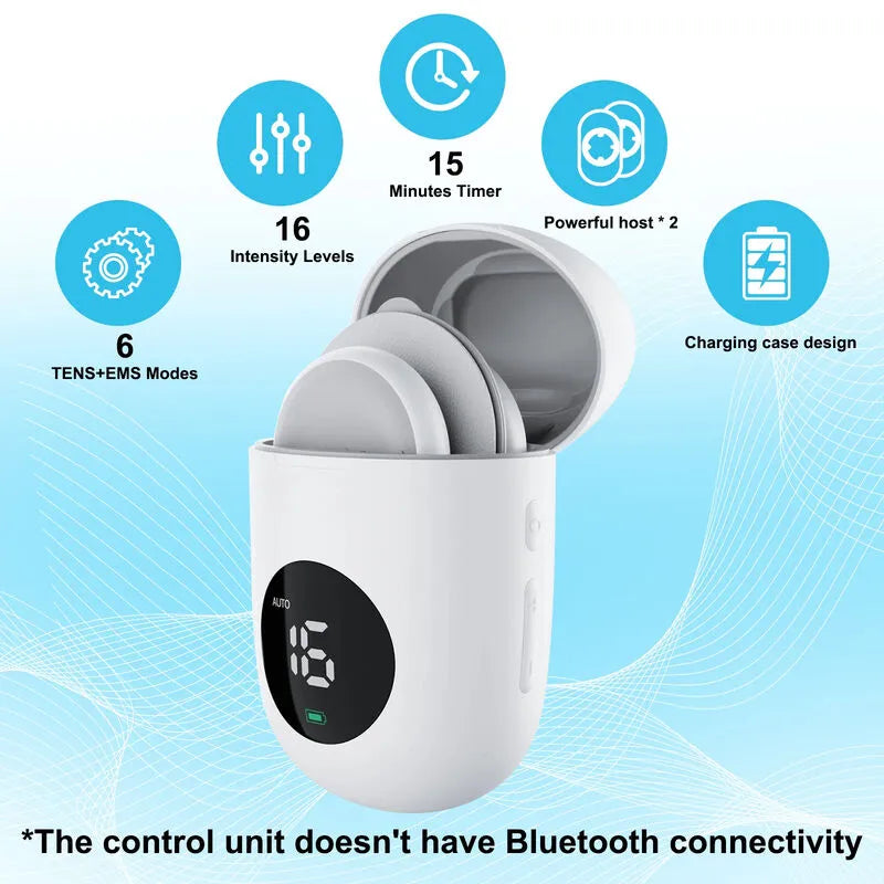 New Magna Portable Pulse EMS Massager Pro - Charging case with dual EMS consoles and LED display showing feature callouts: 6 TENS+EMS modes, 16 intensity levels, 15-minute timer, dual powerful hosts, and charging case design