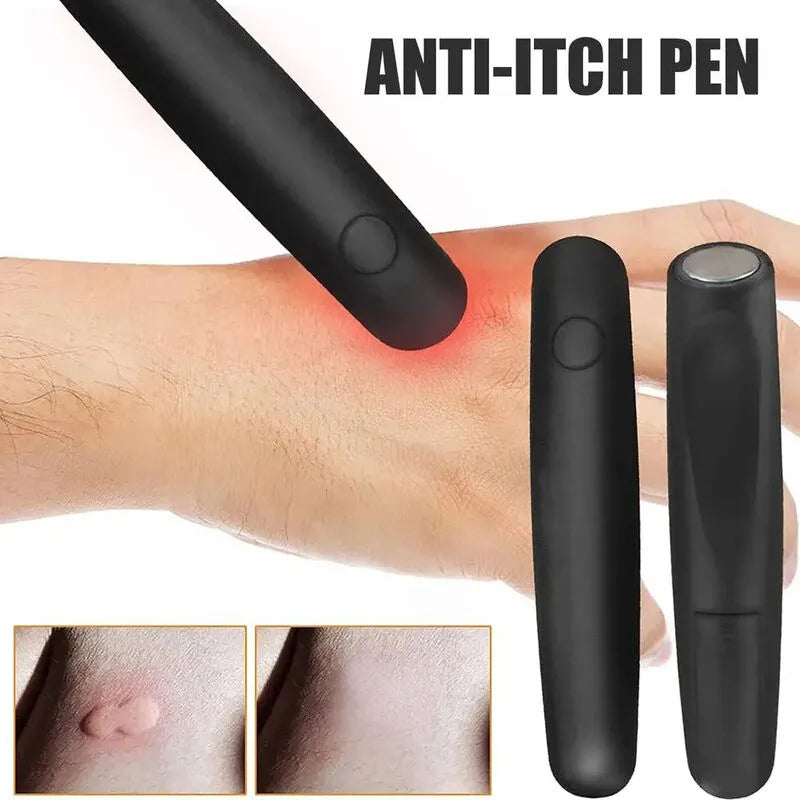 Anti-itch pen being used on a person's wrist with close-up shots of skin irritation.