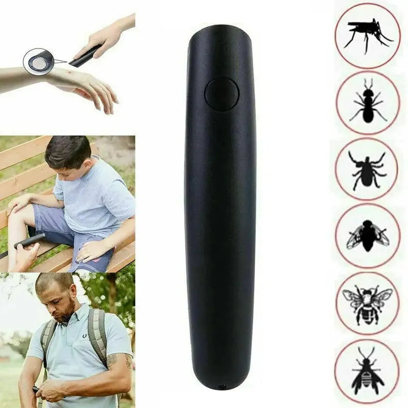 Black handheld device used to remove insects, with images of people using it and illustrations of insects on a white background.