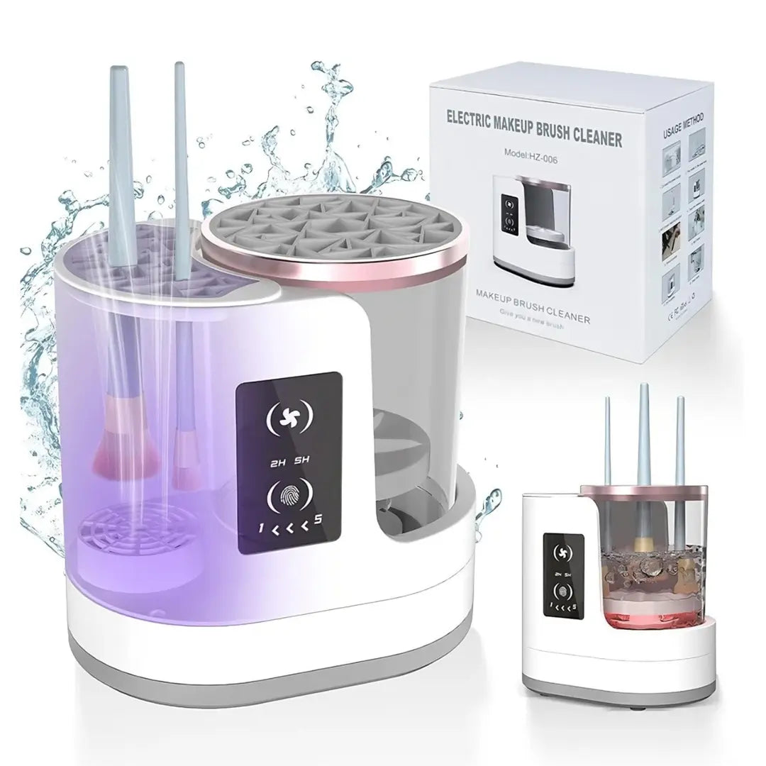 New Magna BrushRevive Pro electric makeup brush cleaner with purple LED water bowl, spinning mechanism with brushes, digital control panel showing timer and speed settings, product packaging and demonstration of cleaning action