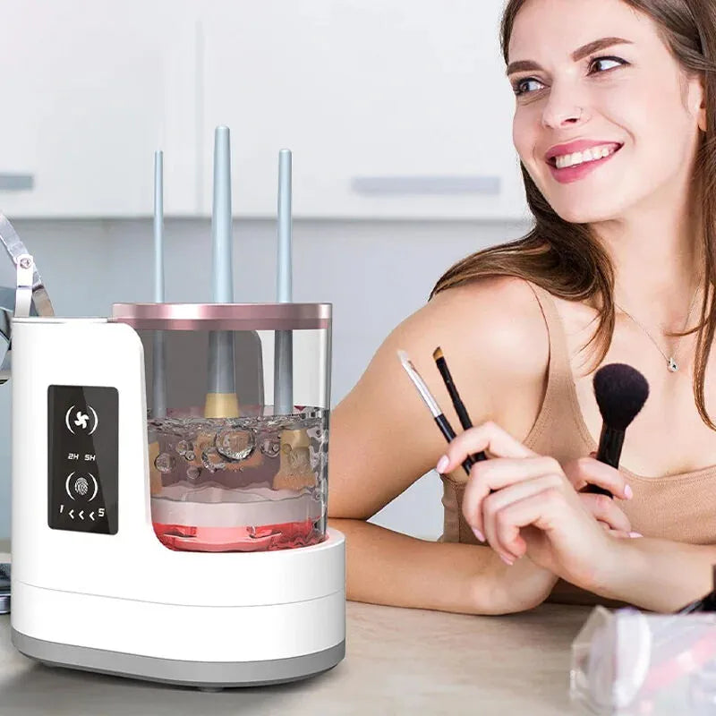 Woman using a makeup brush cleaner with a woman smiling in the background