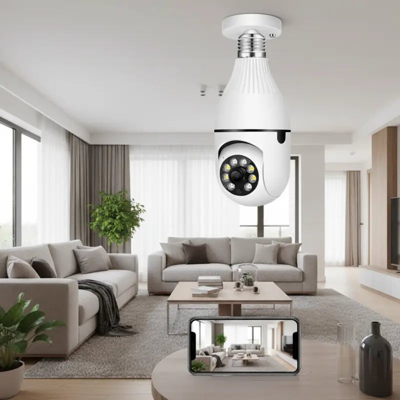 New Magna SecureGlow Pro installed in modern living room with smartphone monitoring - premium smart home security system