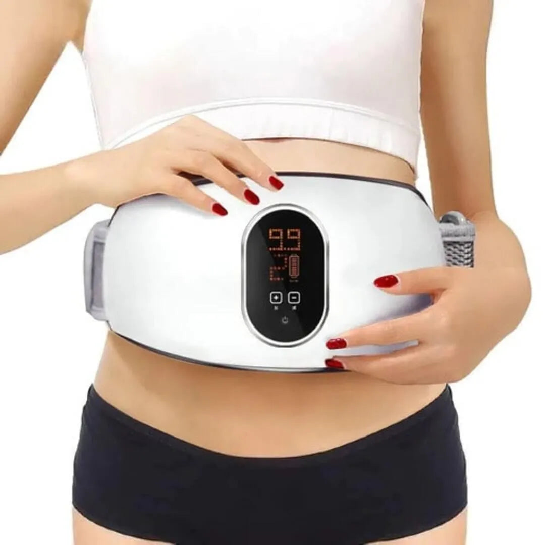 New Magna SlimPulse Pro white electric massage belt wrapped around woman's waist with LED digital display showing vibration modes and heat settings - wireless rechargeable belly toning and weight loss device for metabolism boost