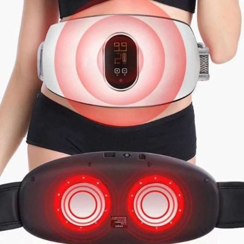 Person wearing an electric waist massager with glowing red lights on a white background