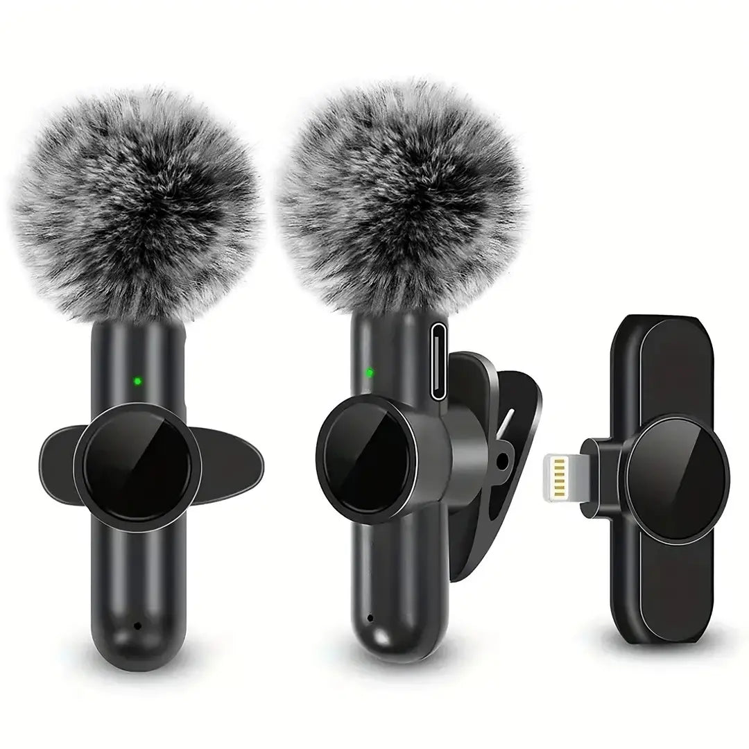 New Magna MicClip Pro wireless lavalier microphone set showing two black clip-on transmitters with fuzzy windscreens, compact Lightning receiver adapter, and green LED indicators for iPhone and Android content creation