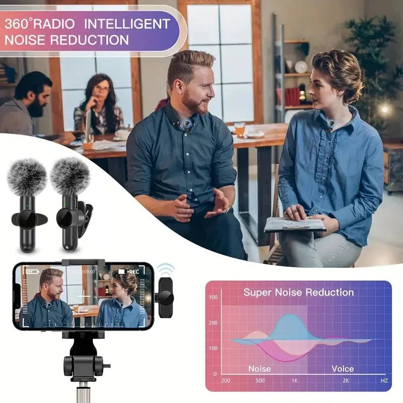 Two people in a room with a smartphone showing a video call, microphones, and a noise reduction graphic.