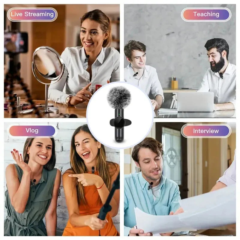 Collage of people in various settings with a central focus on a microphone, labeled for live streaming, teaching, vlogging, and interviewing.