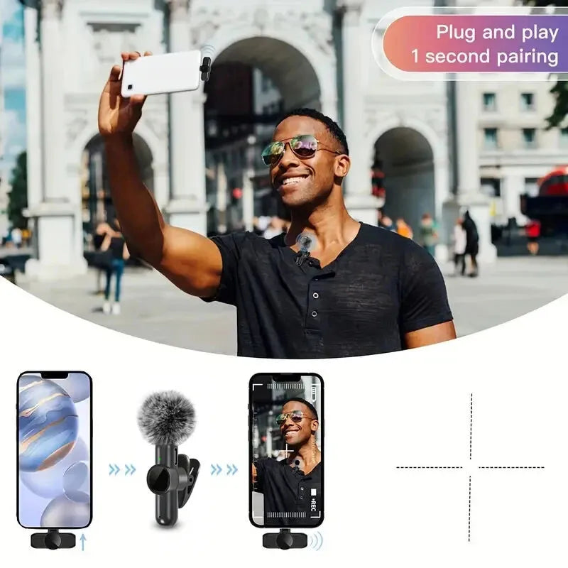 Man taking a selfie with a smartphone in an urban setting, featuring a microphone and phone stand.