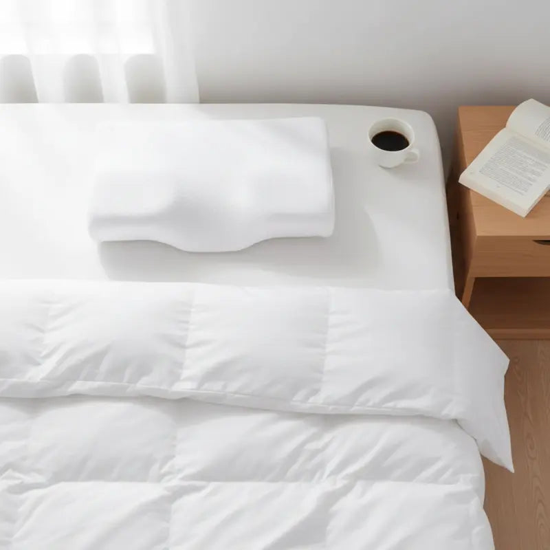 New Magna CloudRest Pro contour pillow on bed with coffee and book - peaceful morning bedroom and premium sleep wellness