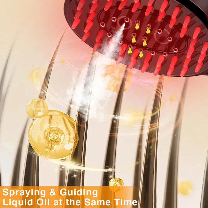 Hairbrush with red bristles and a transparent handle, spraying liquid oil.