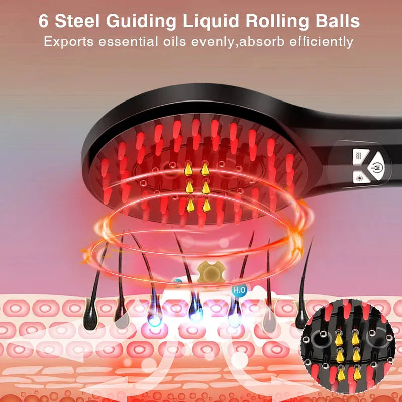 Hairbrush with red liquid and text about steel guiding liquid rolling balls on a gradient background