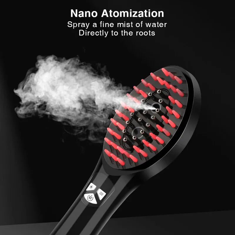 Hair steamer with red and black design, emitting steam on a black background