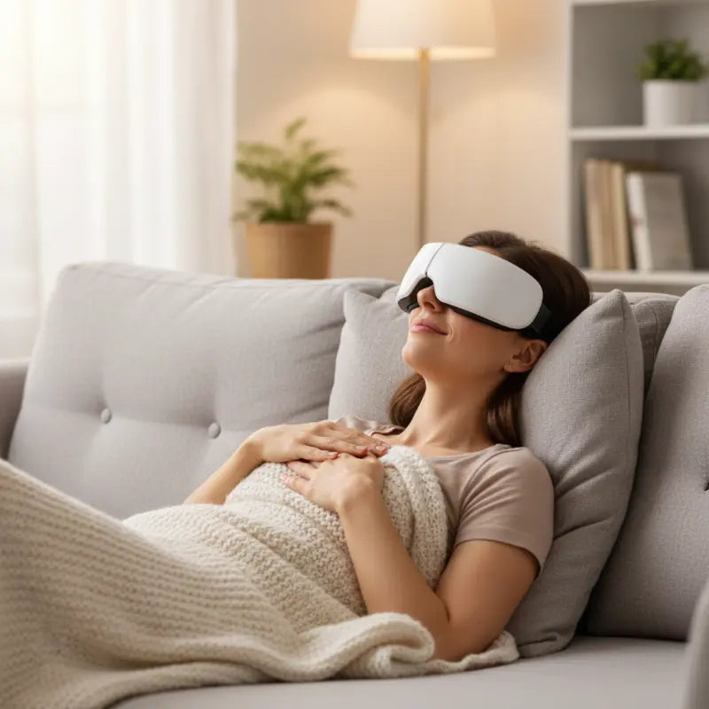 Woman relaxing on couch wearing New Magna EyeRevive Pro eye massager - premium at-home stress relief and eye strain reduction