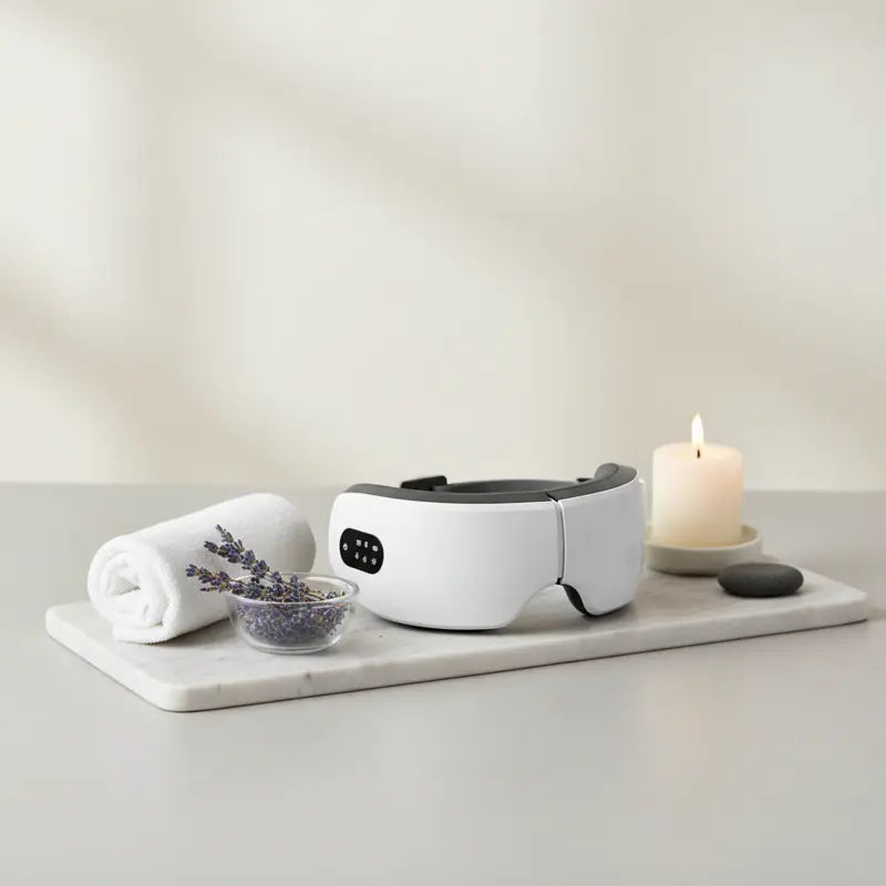 New Magna EyeRevive Pro eye massager on spa tray with lavender, white towel and candle - premium relaxation and stress relief wellness