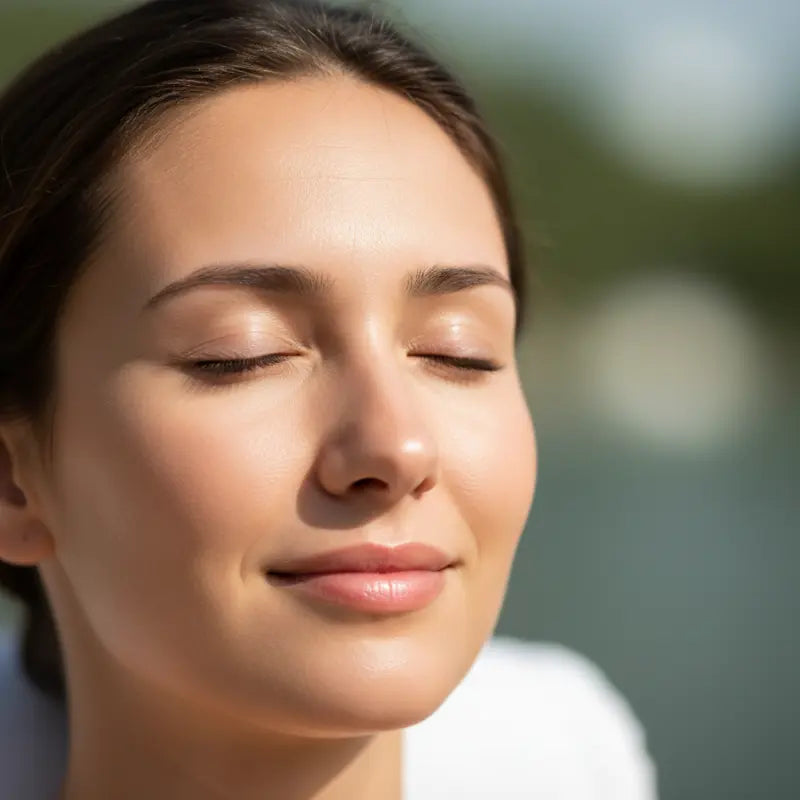 Peaceful relaxed face showing stress relief results - premium wellness and self-care benefits from eye massage therapy