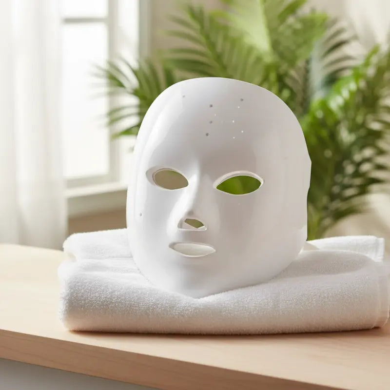 White ceramic face mask on a towel with plants in the background