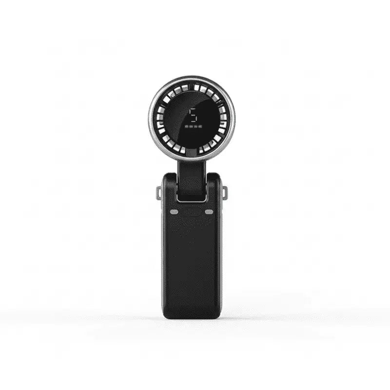 Black and silver device with circular top and rectangular bottom on a white background