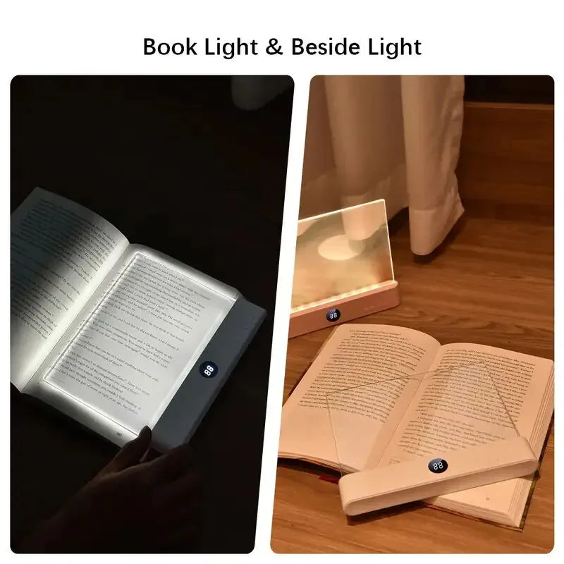 Two images showing a book light on an open book and a small lamp on a wooden surface.