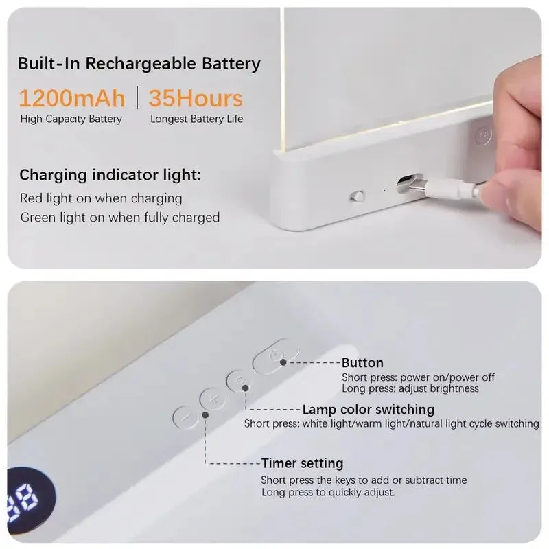 Hand plugging a cable into a device with text on battery capacity and features.