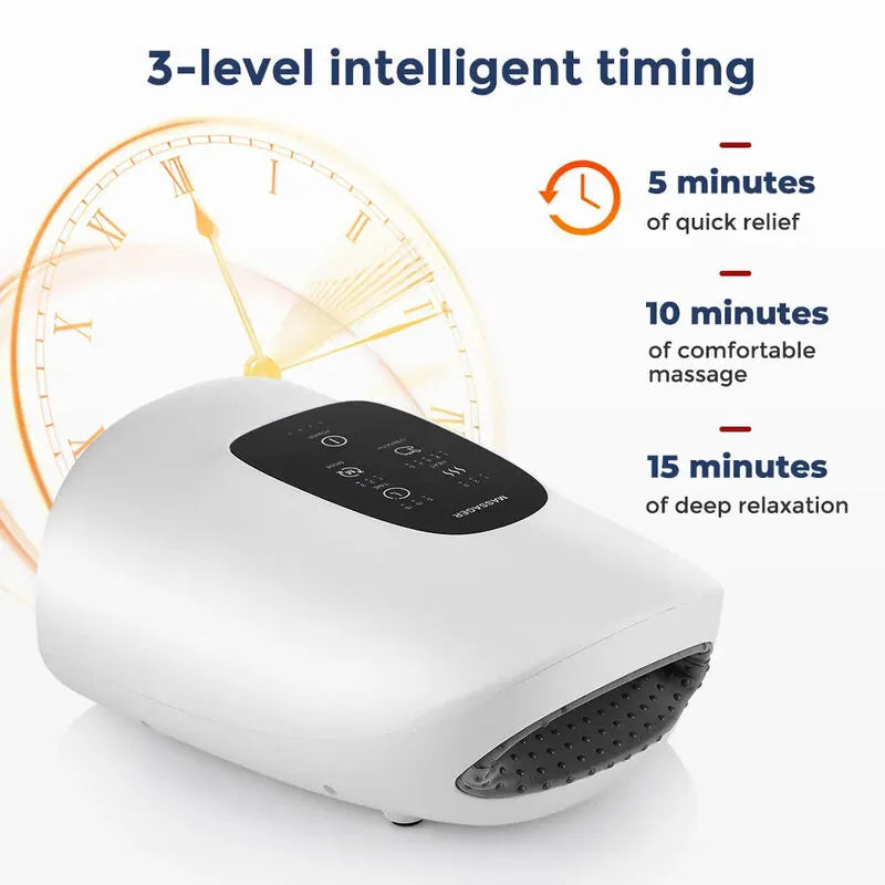 White electronic device with timer display on a white background, featuring text about intelligent timing.