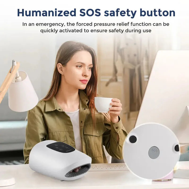 Woman holding a cup with a humanized SOS safety button on a desk