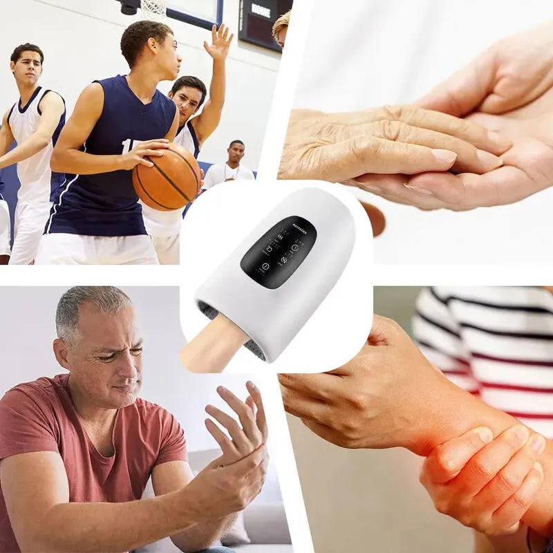 Collage of a white electronic device with a screen, surrounded by images of people in various settings.
