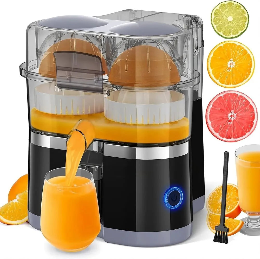 New Magna Dual Head Electric Juicer Pro with black stainless steel base, dual citrus reamers and clear juice container pouring fresh orange juice into glass - shown with lime, orange and grapefruit slices - 100W motor for home and commercial use