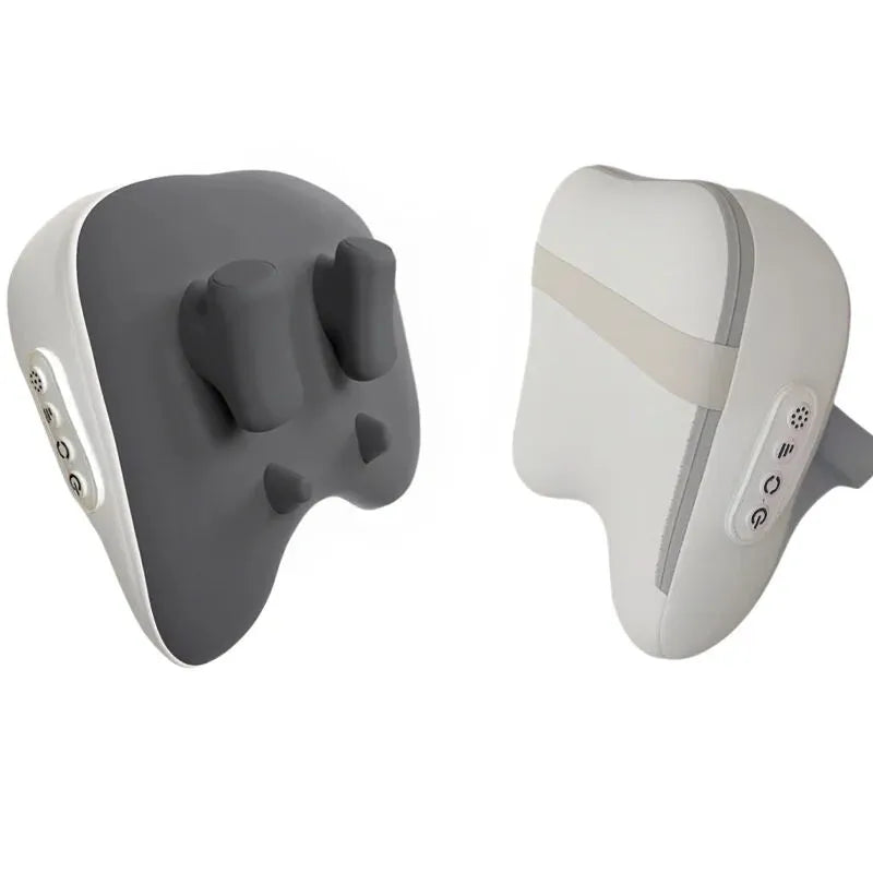 Two ergonomic shoulder pads, one gray and one white with a bandage design, on a white background.