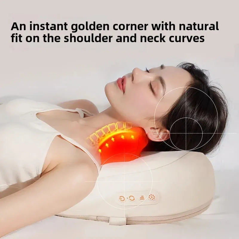 Woman using New Magna Trapezius Massage Pillow Pro with heat therapy on neck - ergonomic fit for pain relief wellness
