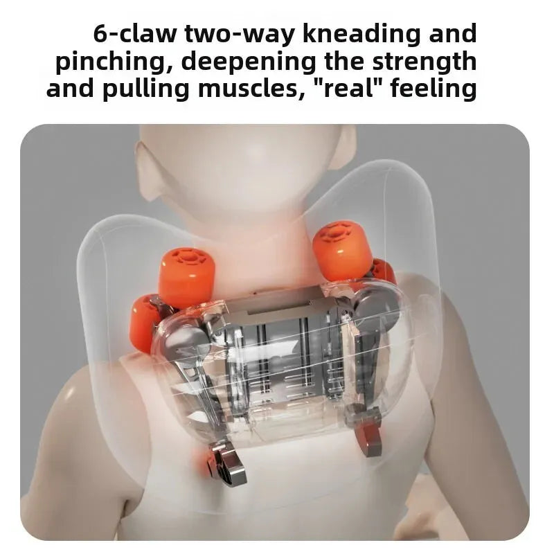 Mechanical device with orange claws on a transparent arm, used for massage therapy.