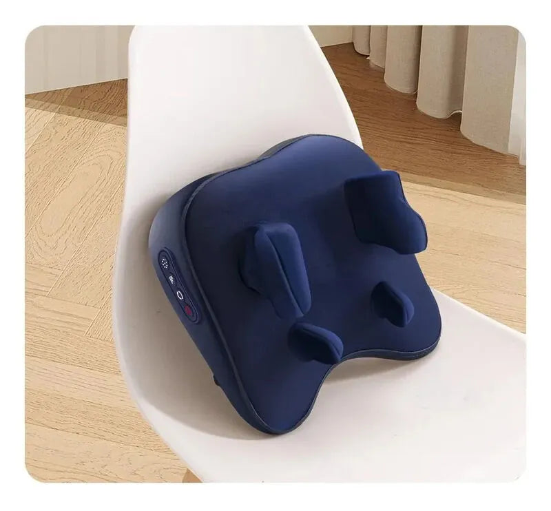 Blue massage pillow on a white chair with a wooden floor background