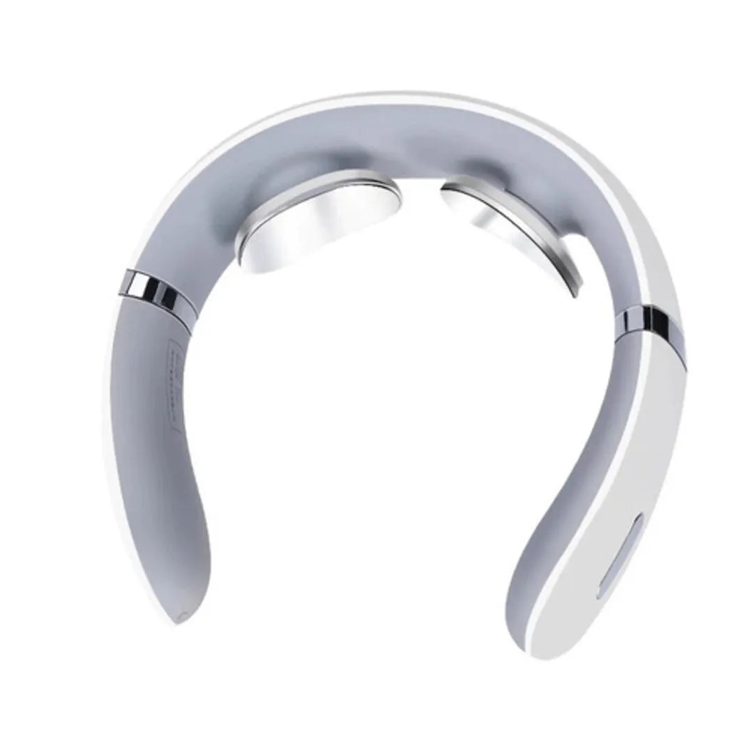 New Magna NeckRelief Pro wireless neck massager with chrome accents - premium ergonomic design for neck pain relief and muscle relaxation