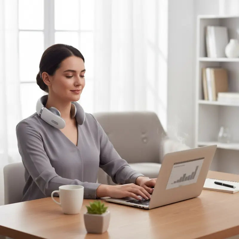 Woman working at laptop wearing New Magna NeckRelief Pro neck massager - premium pain relief and stress reduction for home office wellness